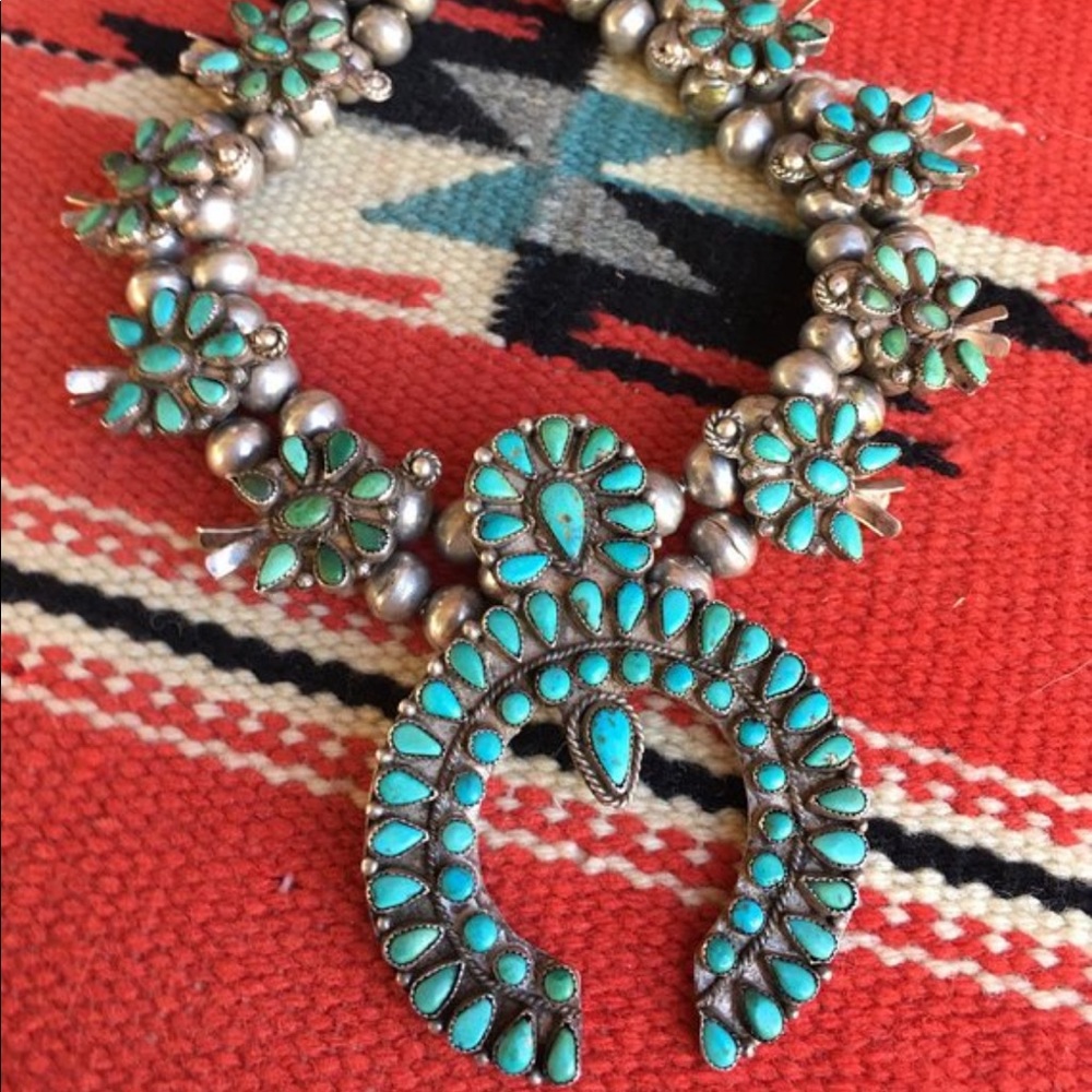 Petit Point Sterling & Turquoise Squash Blossom